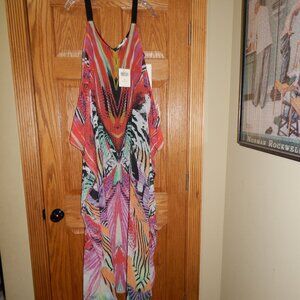 NEW $159 Boston Proper Vibrant Feather Boho Kaftan Flowy Maxi Dress Women Size M